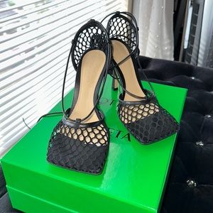 Bottega Stretch Black Mesh & Leather Lace-Up Sandal Size 38